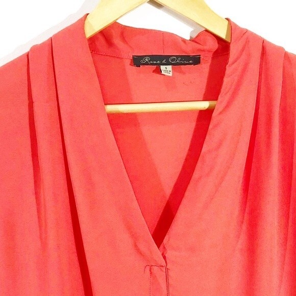 Rose & Olive Coral Split Neck Pleated Blouse - Picture 2 of 7